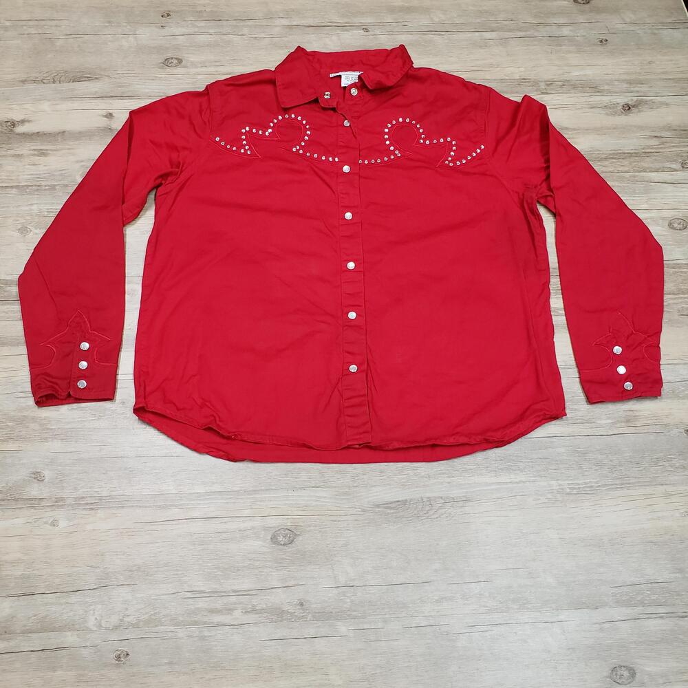 Adobe Rose Shirt Womens XL Red Western Pearl Snap Studded Rhinestone Cotton